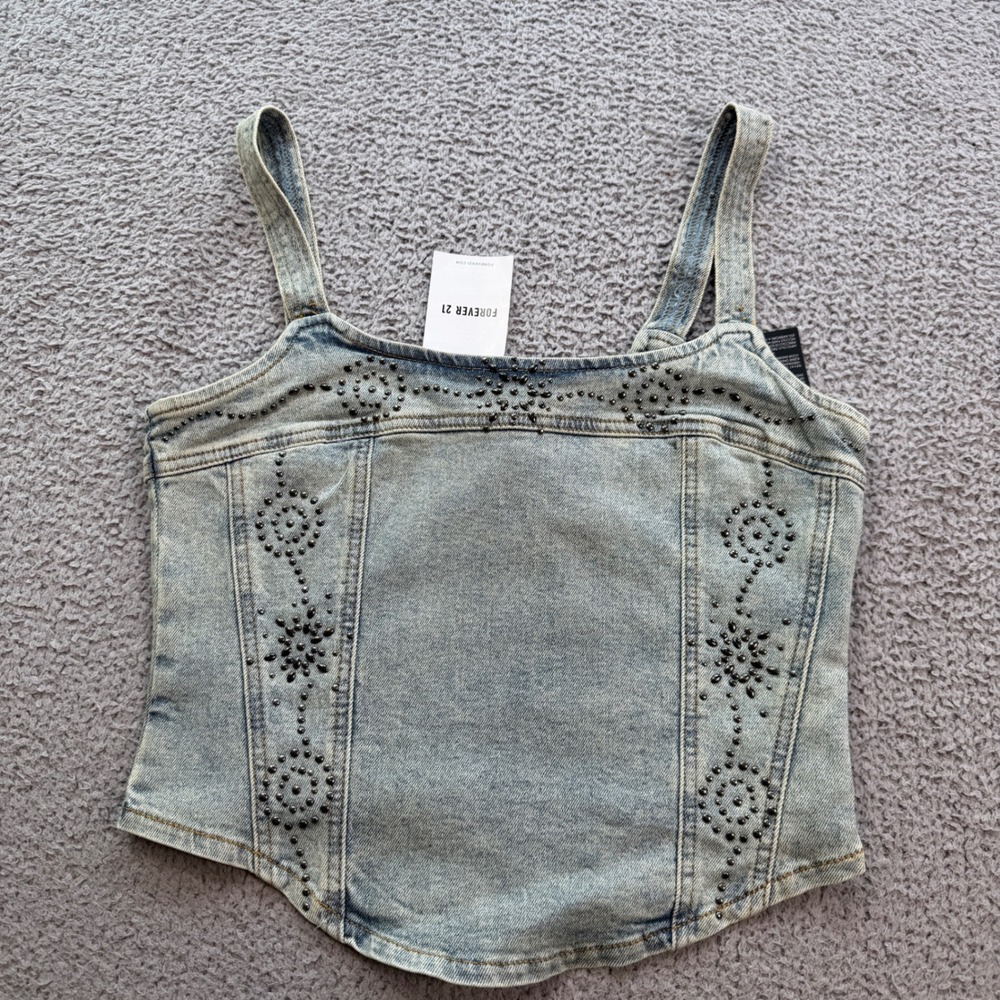 Forever 21 Women Light Wash Studded Denim Corset Top Blue Size M NWT Bodice